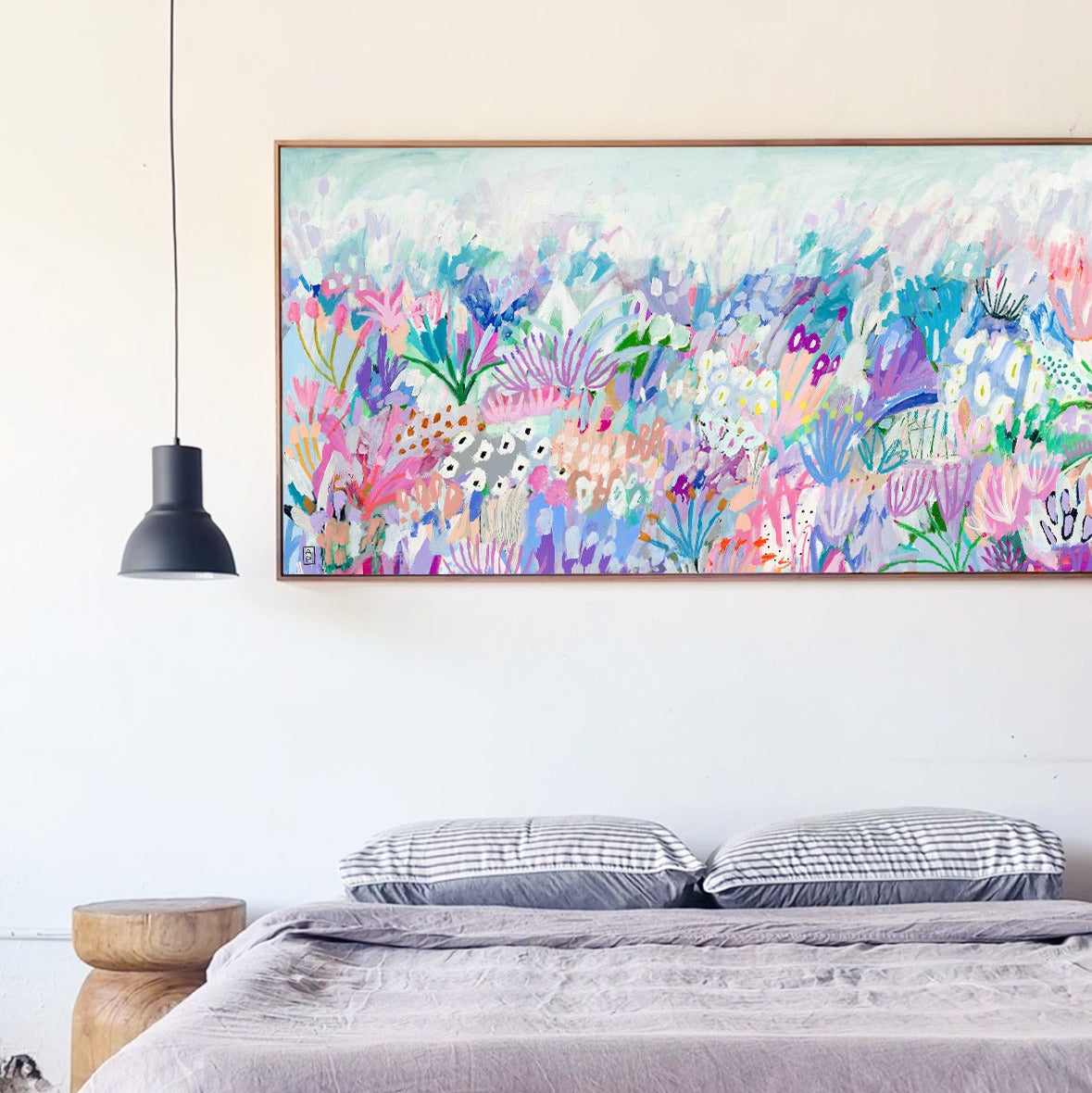 Bedroom with a colorful floral painting on the wall