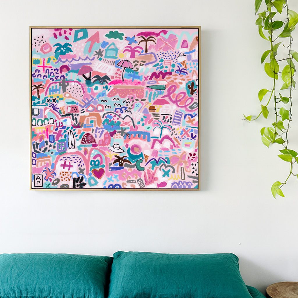 Colorful abstract art print on a white wall above a bed with teal bedding.